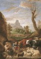 A pastoral landscape with a shepherd playing a pipe with cattle and sheep - David III Teniers