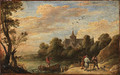 A landscape with peasants by a landing stage and a man in a boat, a church beyond - David III Teniers