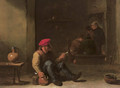 A boor holding a pipe and jug seated in an interior with other peasants conversing in the background - David III Teniers