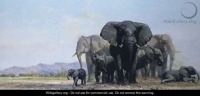 A herd of elephants at a watering hole - Thomas Hosmer Shepherd