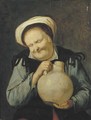 An old woman holding a stoneware vessel - David The Younger Ryckaert