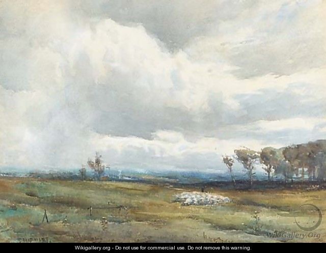 A shepherd tending his flock before an approaching storm - David West