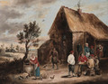 Peasants smoking and a Woman drawing Water from a Well outside a Tavern - David The Younger Teniers