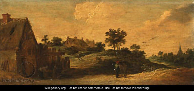 Peasants talking on a path, a washerwoman before a house, a church beyond - David III Teniers