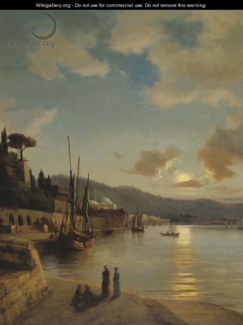 An oriental harbour by moonlight - Anton Melbye
