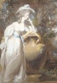 Portrait of Philadelphia de Lancy, in a white dress and sash, leaning on an urn, in a wooded landscape - Daniel Gardner