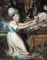 Portrait of Miss Hall, full-length in a white dress with blue trim, playing with a black and white spaniel - Daniel Gardner