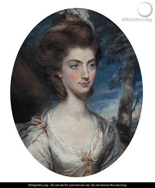 Portrait of Lady Charlotte Hill, Countess Talbot, bust-length, in a white dress with gold trim, in a landscape - Daniel Gardner