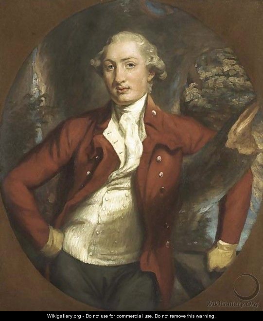 Portrait of a gentleman, half-length, in a brown coat, holding a hat, in a wooded landscape, feigned oval - Daniel Gardner