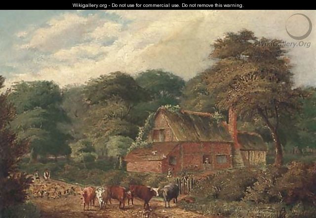 Cattle and sheep before a cottage - David Payne