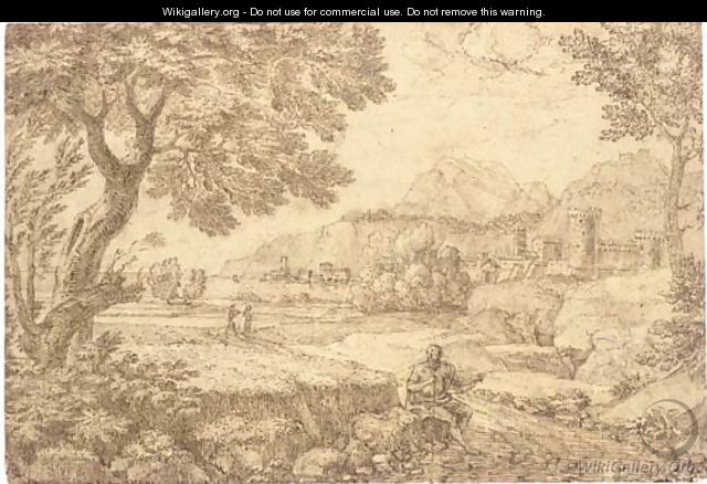A coastal landscape with a traveller seated by a track leading to a castle - Crescenzio Onofri