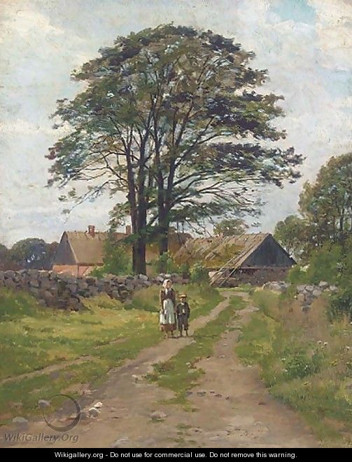 Figures on a beaten track, with a farmhouse beyond - Danish School