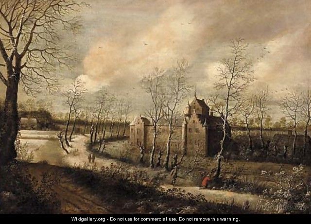 A wooded landscape with hunters on a path, a castle beyond - Daniel van Heil