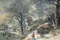 A frozen river landscape with huntsmen and skaters - Daniel van Heil