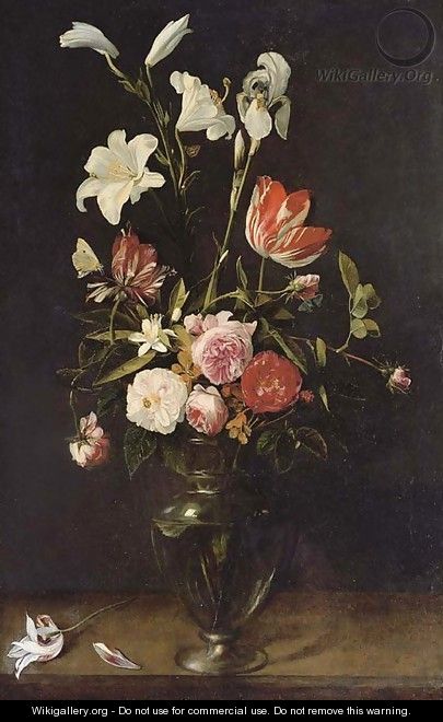 Lilies, roses and tulips in a glass vase on a wooden ledge with butterflies - Daniel Seghers