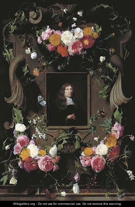 A cartouche surrounded by garlands of roses, thistle, holly and other flowers and butterflies with a later portrait of a gentleman, seated, bust-lengt - Daniel Seghers