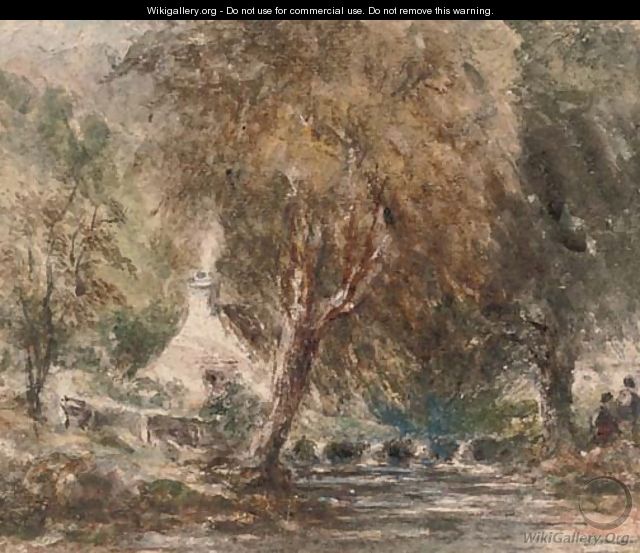 Figures on the banks of a river in a wooded landscape - David Cox