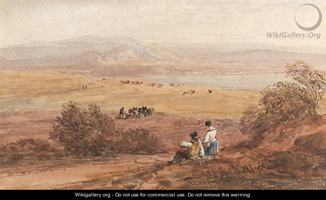 Figures in a rural landscape with the sea beyond - David Cox