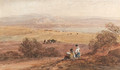 Figures in a rural landscape with the sea beyond - David Cox