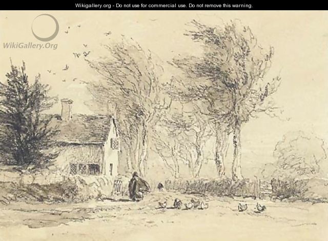 A figure feeding chickens before a cottage - David Cox