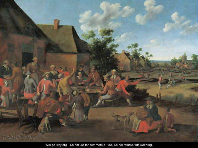 Peasants feasting outside an inn in a village - Cornelius Droochsloot