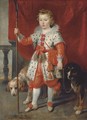Portrait of a boy, traditionally called Francois de Boisschot, Comte d'Erps, full-length, in an ermine coat with red bows and red hose, on a balcony - Cornelis De Vos