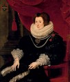 Portrait of a lady, believed to be Anna de Bourgeois (d. 1636), three-quarter-length, in a black dress with a fan, seated - Cornelis De Vos
