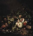 Peaches, grapes, walnuts, mushrooms, snails and a thistle, on a river bank - Cornelis De Heem