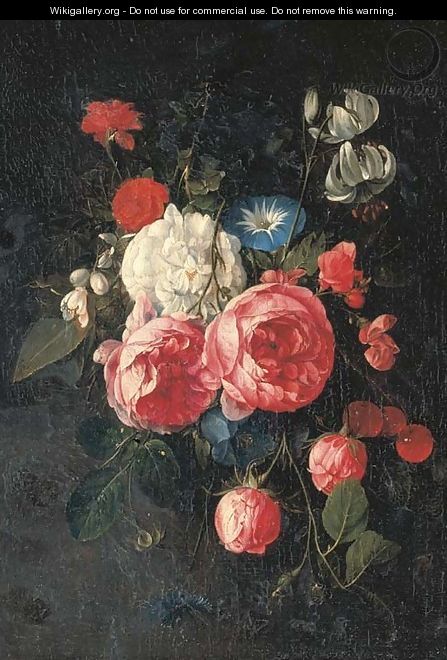 A swag of roses, peonies, morning glories and other flowers - Cornelis De Heem