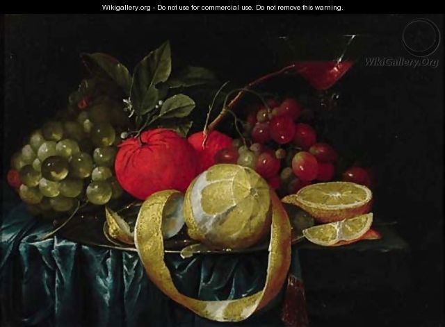 A peeled lemon, oranges, grapes on a pewter plate, and a Facon-de-Venice wineglass on a draped table - Cornelis De Heem