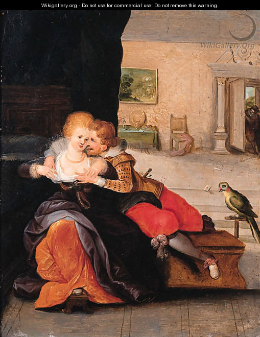 A couple embracing in an interior - Cornelis de Baellieur
