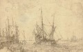 A seaport with a man o'war, figures along a pier - Cornelis Claesz van Wieringen