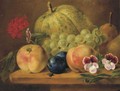 Fruits and flowers on a ledge - Cornelis Bernardus Buys