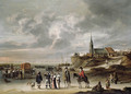 Elegant company on the beach ar Egmond aan Zee, a naval battle beyond - Cornelis Beelt