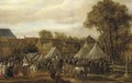 A horse fair, said to be Valkenburg, with figures in wagons and on horseback by booths outside the town walls - Cornelis Beelt
