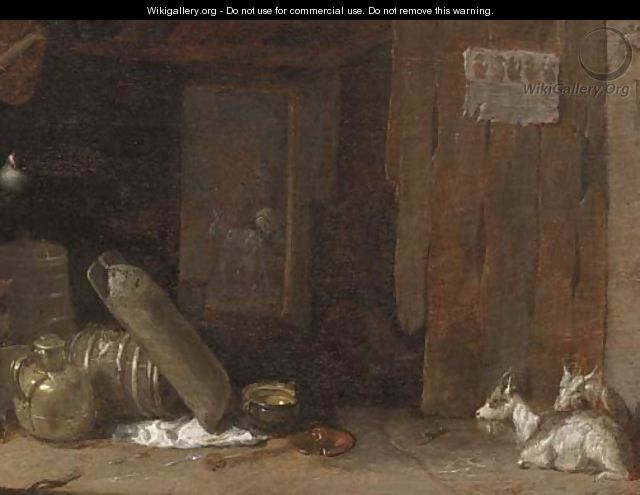 A barn interior with goats and a lady milking a goat beyond - Cornelis Saftleven
