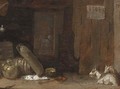 A barn interior with goats and a lady milking a goat beyond - Cornelis Saftleven