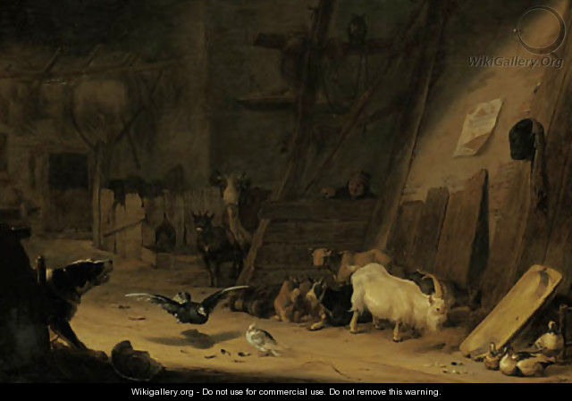 A barn interior with cattle, pigeons and a dog barking at a peasant - Cornelis Saftleven