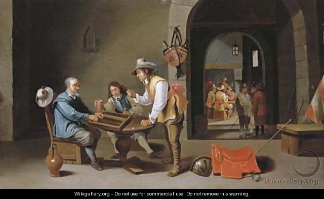 Officers and peasants playing backgammon and other games in a guardroom - Cornelis Mahu