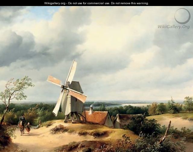 Travellers passing a mill in an extensive river landscape - Cornelis Lieste