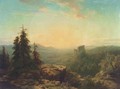 A panoramic view of a valley with a ruin at sunset - Cornelis Lieste