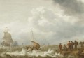 Shipping off the coast in a stiff breeze, figures on the shoreline in the foreground - Cornelis Stooter