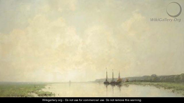 Moored boats on a river at dawn, Renkum - Cornelis Kuypers