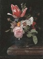 Roses, peonies, a tulip and other flowers in a glass vase on a stone ledge - Cornelis Kick
