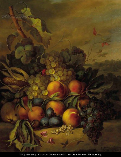 Still life with grapes, peaches and plums in a landscape - Cornelis Johannes Van Hulstijn