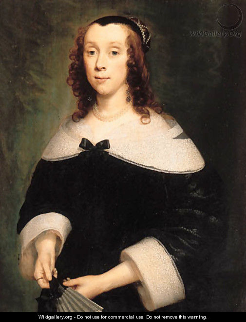 Portrait of a lady, half-length, in a black dress with a lace collar and cuffs, holding a fan - Cornelius Janssens van Ceulen