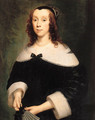 Portrait of a lady, half-length, in a black dress with a lace collar and cuffs, holding a fan - Cornelius Janssens van Ceulen