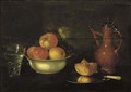 Apples and grapes in a porcelain bowl, a bread roll on a pewter plate, a glass of water and a jug on a wooden ledge. - Cornelis Jacobsz Delff