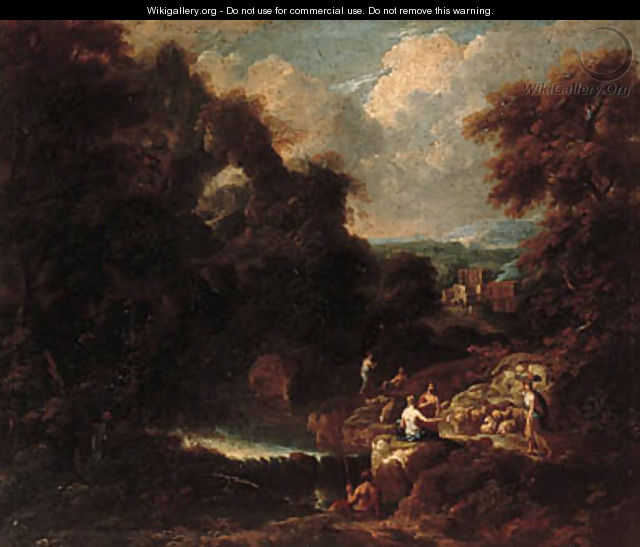 An Italianate landscape with peasants resting on a track by a stream - Cornelis Huysmans