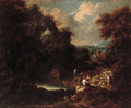 An Italianate landscape with peasants resting on a track by a stream - Cornelis Huysmans
